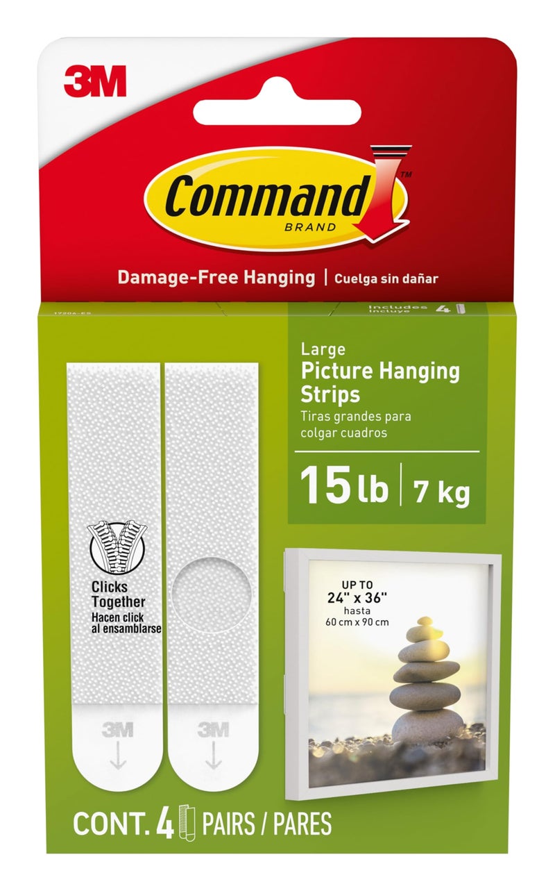 Command 15 lb Large Picture Hanging Strips 4 Pairs (8 Command Strips), Damage-Free Hanging Picture Hangers, No Tools Wall Hanging Strips for Home Decor, White Adhesive Strips - Image 1